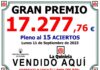 Más de diecisiete mil euros en un pleno al 15